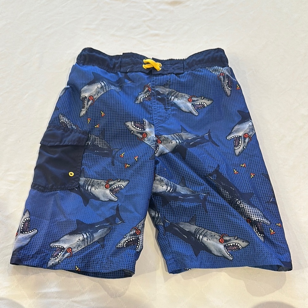 Cat &‎ Jack boys Shark Print Blue Swim trunks board Shorts large 10 / 12 EUC
